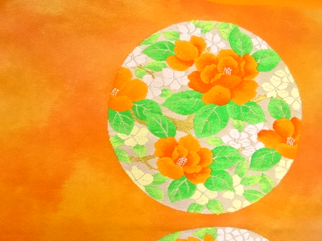 JAPANESE KIMONO / ANTIQUE NAGOYA OBI / WOVEN FLOWER WITH ROUNDEL